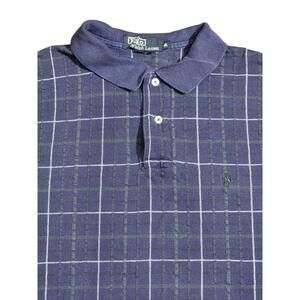 Vintage Polo Ralph Lauren XL Blue Green Plaid Check Polo Shirt Short Sleeve B26